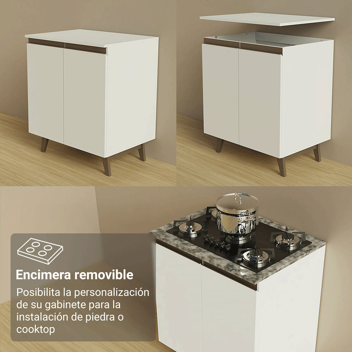 Set X 2 Muebles Inferiores de Cocina Reims Blanco 130x83cm sin Mesón sin Pozuelo y con Tres Cajones