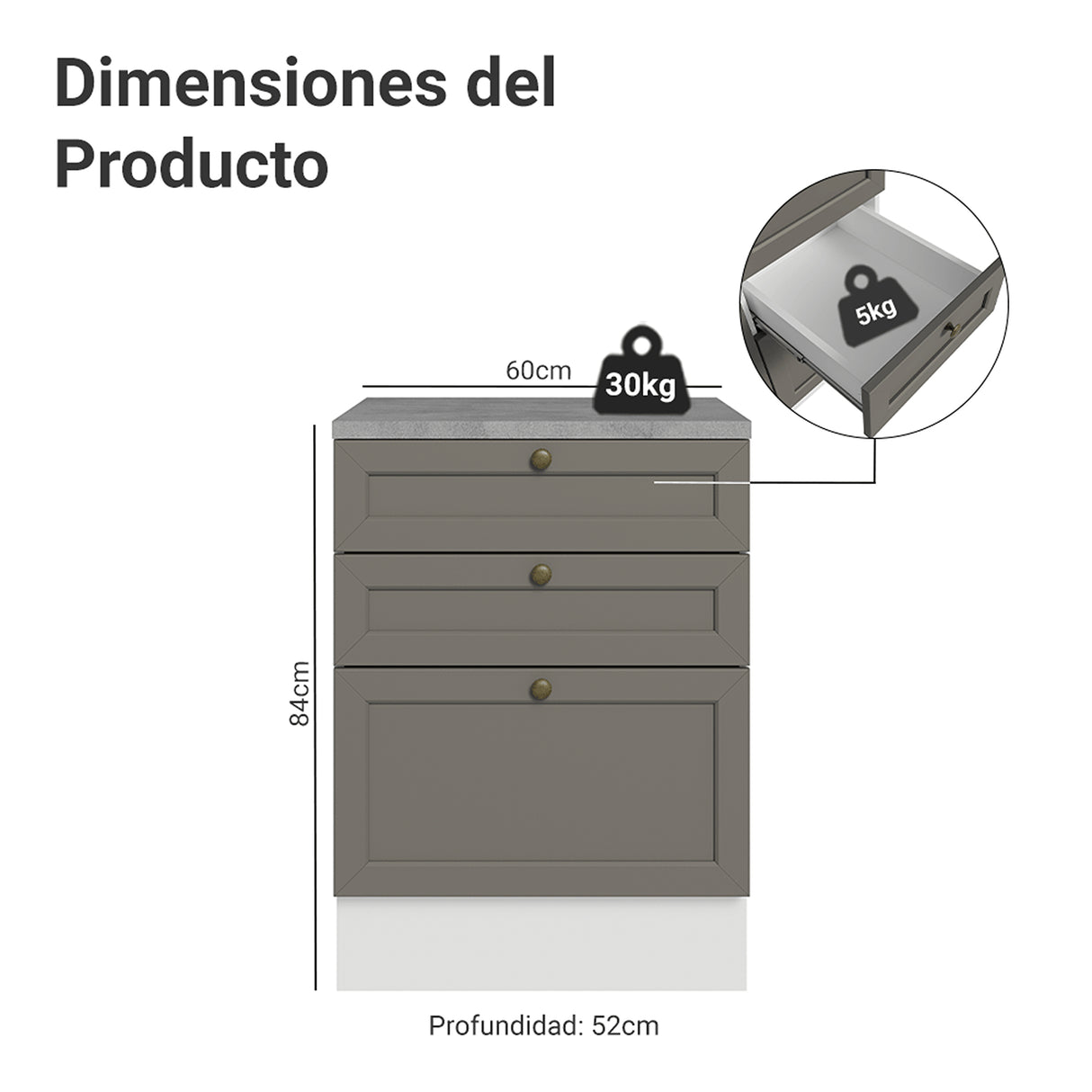 Gabinete de Cocina Vik Blanco y Gris 60x84cm sin Mesón sin Pozuelo y con Tres Cajones - MUEBLES INFERIORES DE COCINA | Bylmo