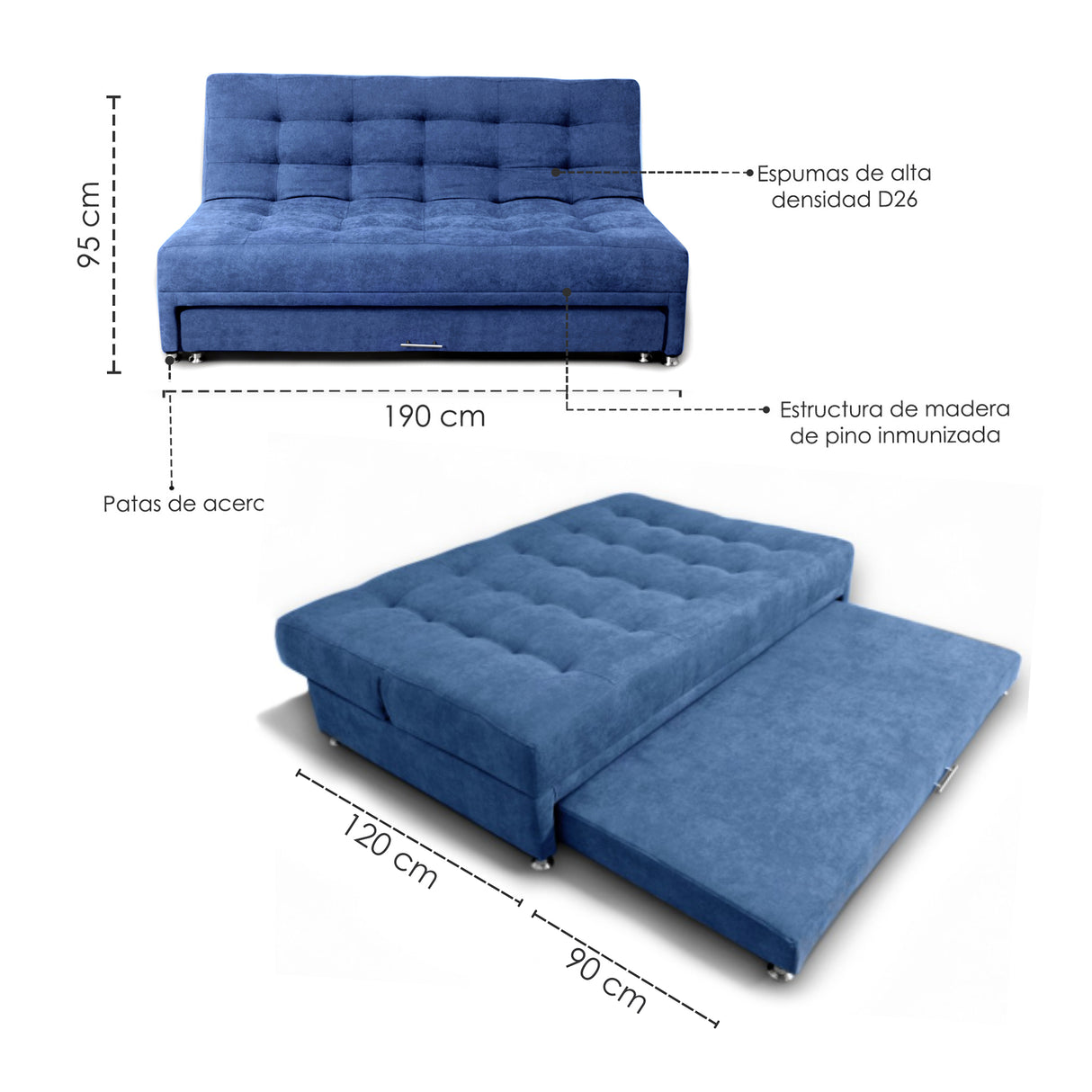 Sofá Cama Tarima Brooke Azul Petróleo 190x95cm Reclinable de Tres Puestos sin Apoya Brazos