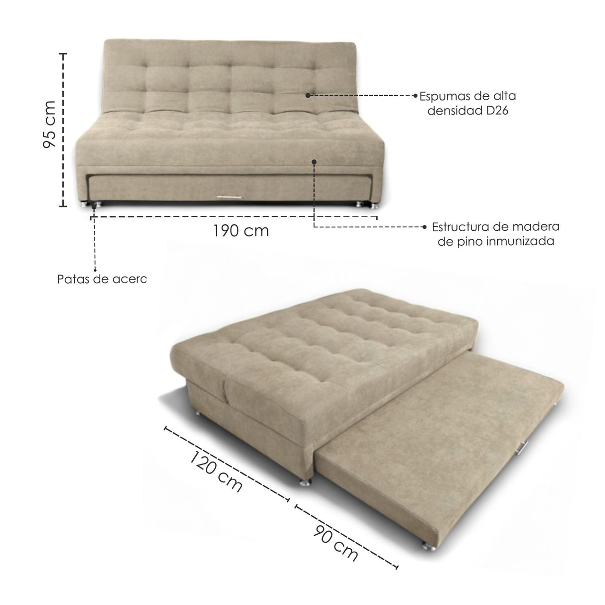 Sofá Cama Tarima Brooke Camel 190x95cm Reclinable De Tres Puestos Sin Apoya Brazos