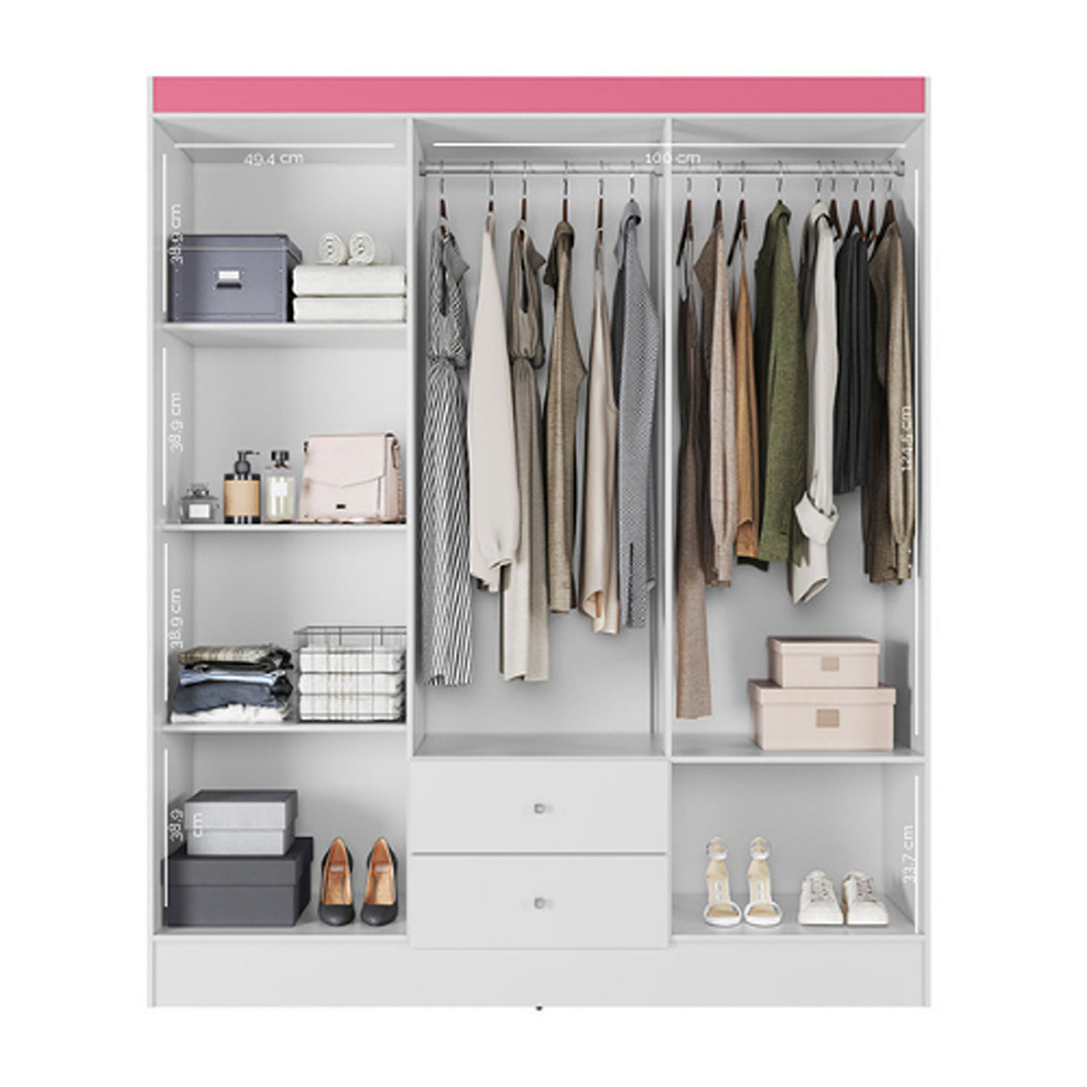 Closet Blanco y Rosa 153x182cm con Seis Puertas y Dos Cajones