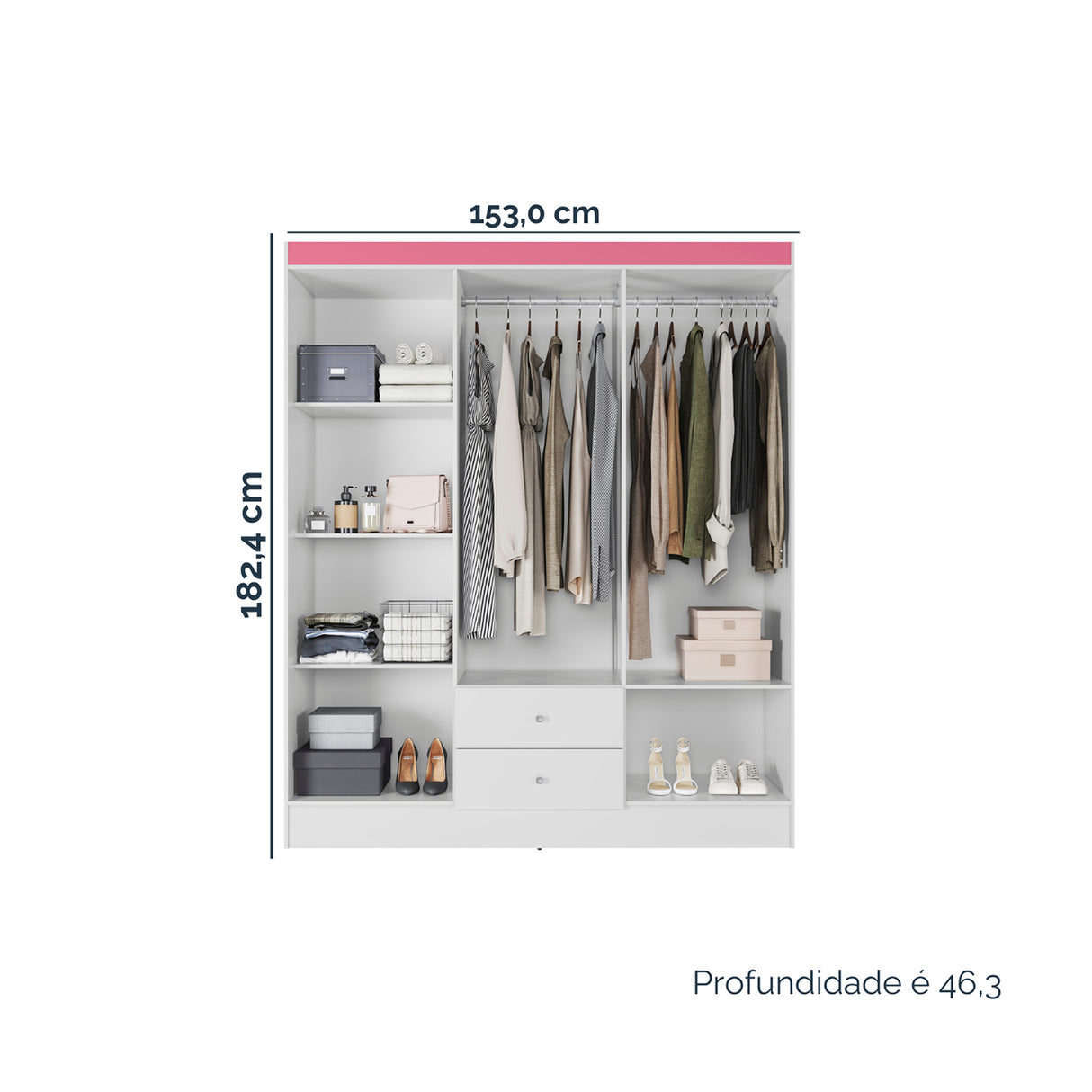 Closet Blanco y Rosa 153x182cm con Seis Puertas y Dos Cajones