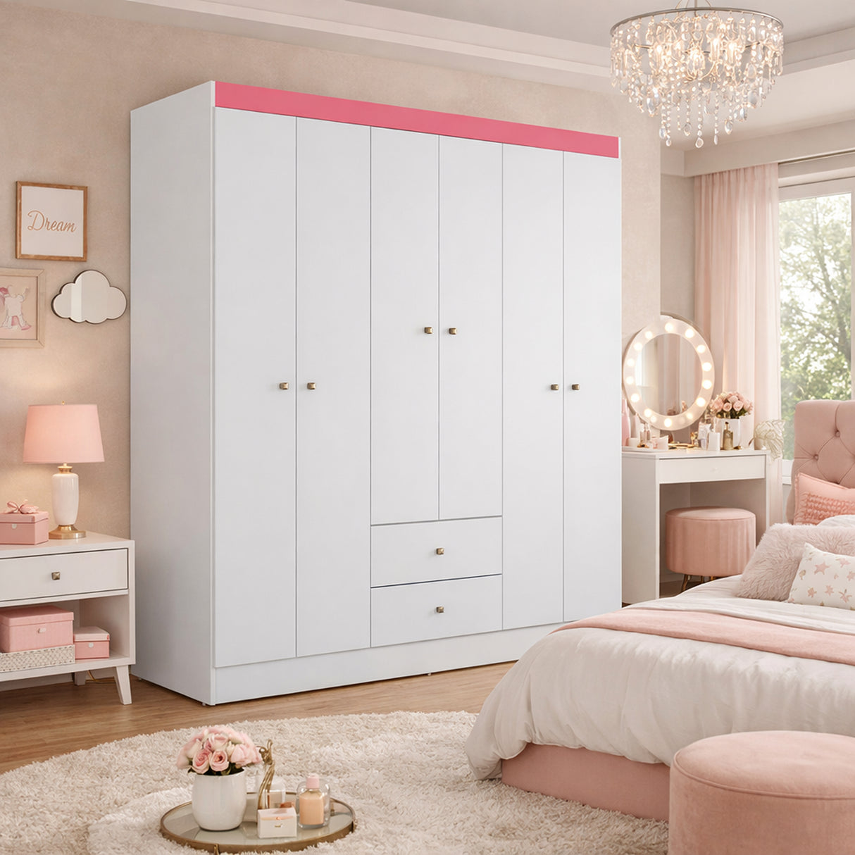 Closet Blanco y Rosa 153x182cm con Seis Puertas y Dos Cajones