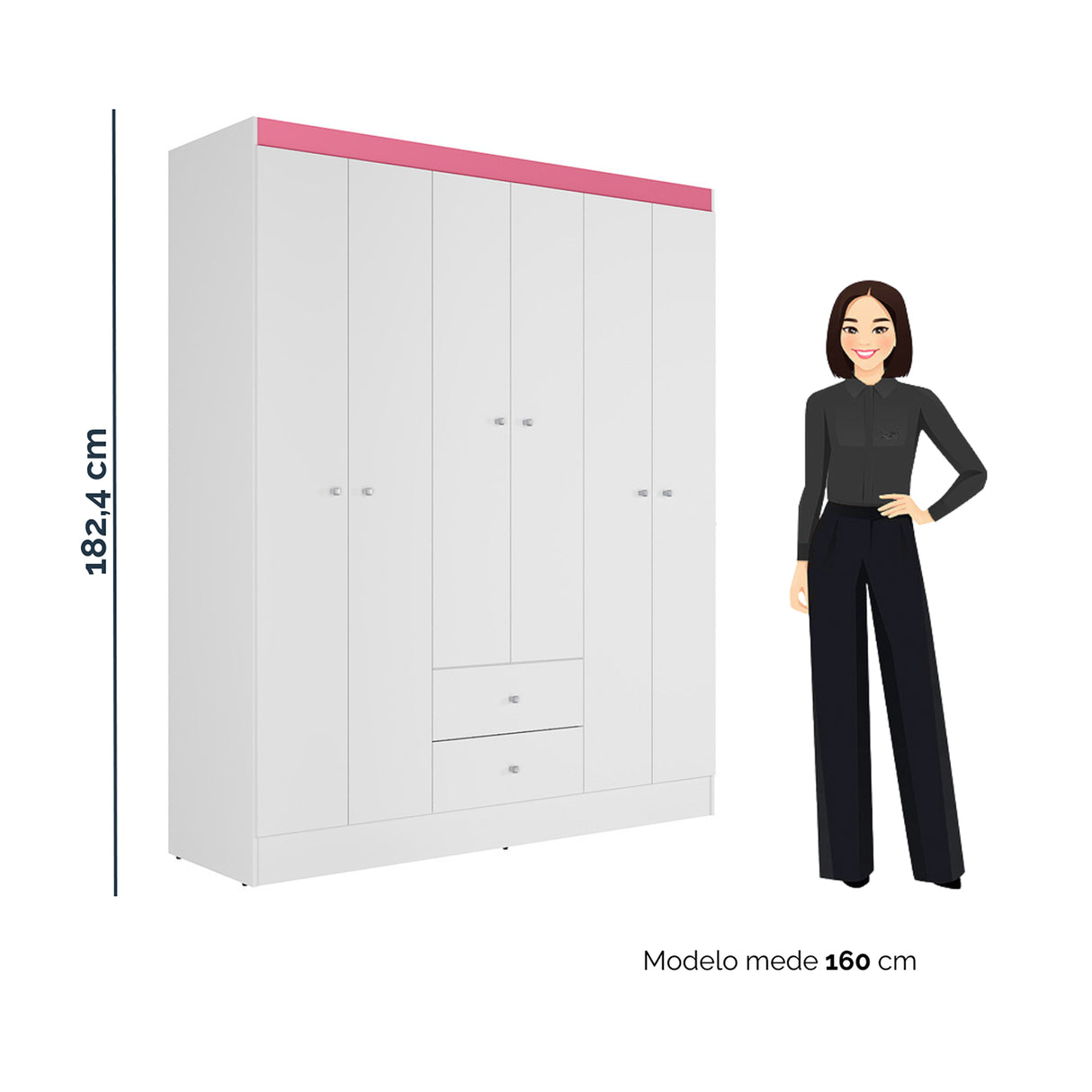 Closet Blanco y Rosa 153x182cm con Seis Puertas y Dos Cajones