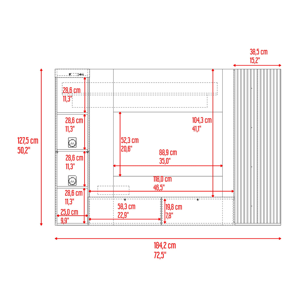 Panel de TV Gamma Capri y Avellana 184.2x127.5cm para TV Hasta 65 Pulgadas con Cuatro Compartimientos
