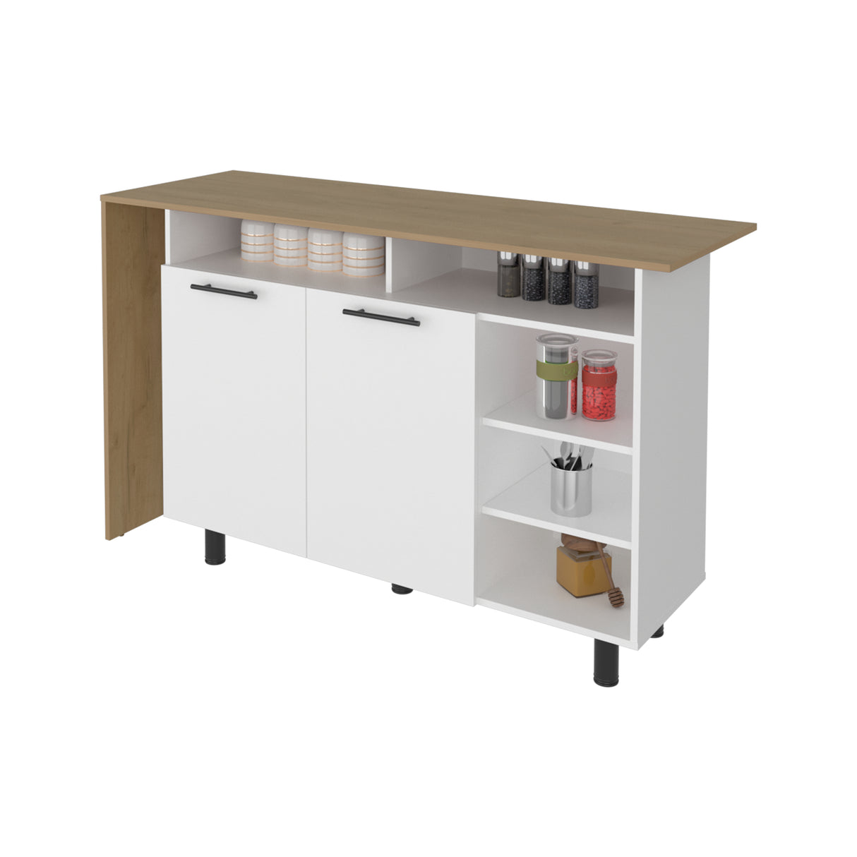 Isla de Cocina Corcega Blanco y Fresno 150x89.5cm con Cinco Compartimientos y con Dos Entrepaños - BARRAS Y MUEBLES AUXILIARES | Bylmo