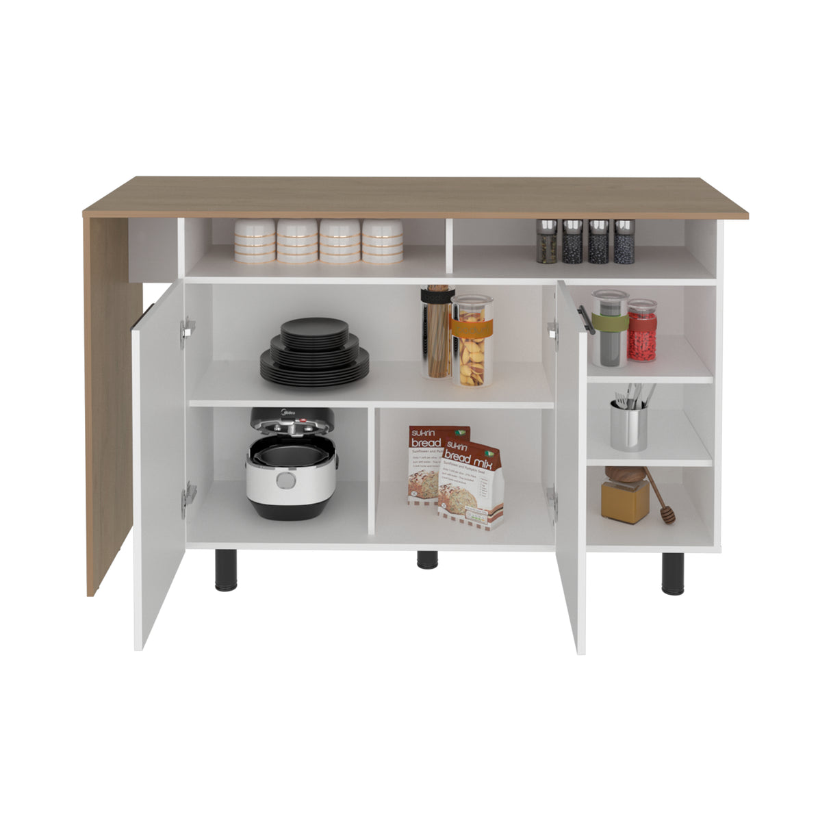 Isla de Cocina Corcega Blanco y Fresno 150x89.5cm con Cinco Compartimientos y con Dos Entrepaños - BARRAS Y MUEBLES AUXILIARES | Bylmo