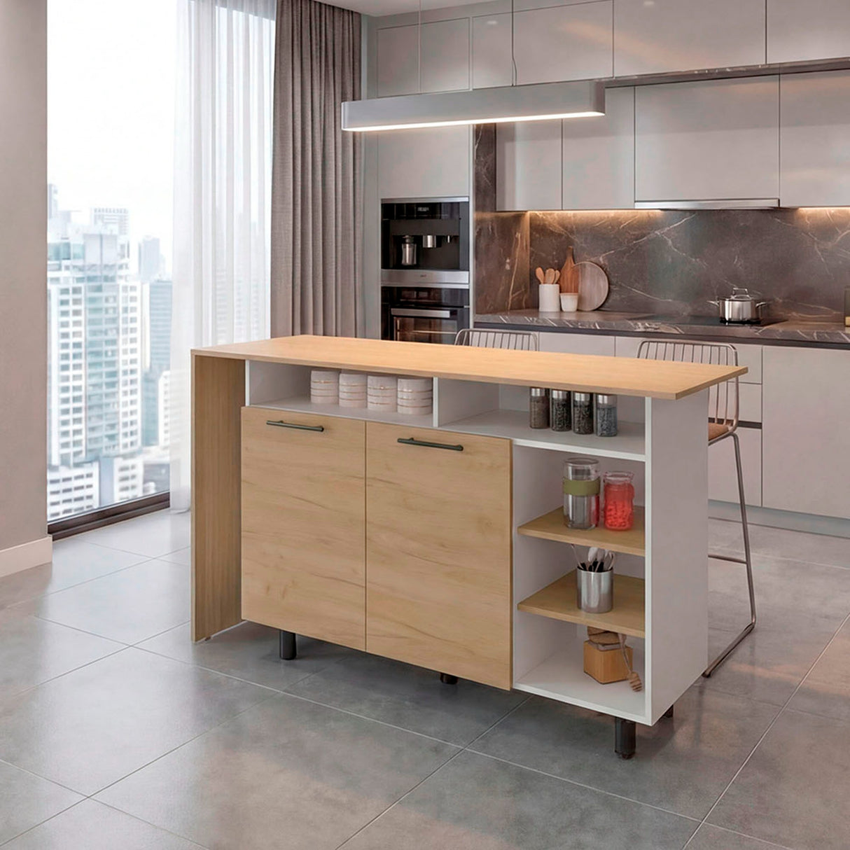 Isla de Cocina Corcega Fresno y Blanco 180x212cm con Cinco Compartimientos y con Dos Entrepaños - BARRAS Y MUEBLES AUXILIARES | Bylmo