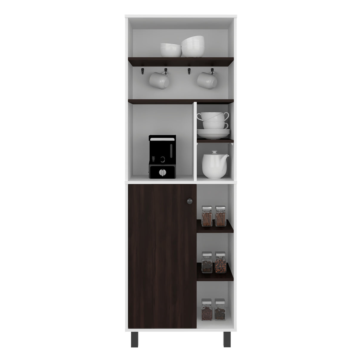 Mueble Auxiliar de Cocina Carajillo Blanco y Nogal 60x180cm con Cinco Compartimientos y con Cinco Entrepaños - BARRAS Y MUEBLES AUXILIARES | Bylmo