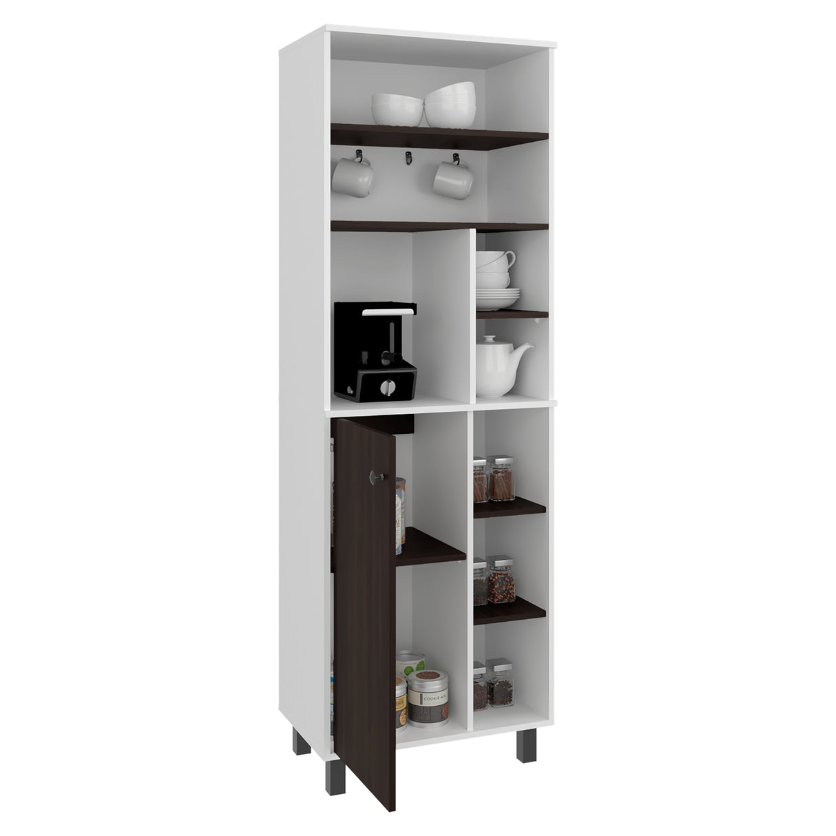 Mueble Auxiliar de Cocina Carajillo Blanco y Nogal 60x180cm con Cinco Compartimientos y con Cinco Entrepaños - BARRAS Y MUEBLES AUXILIARES | Bylmo