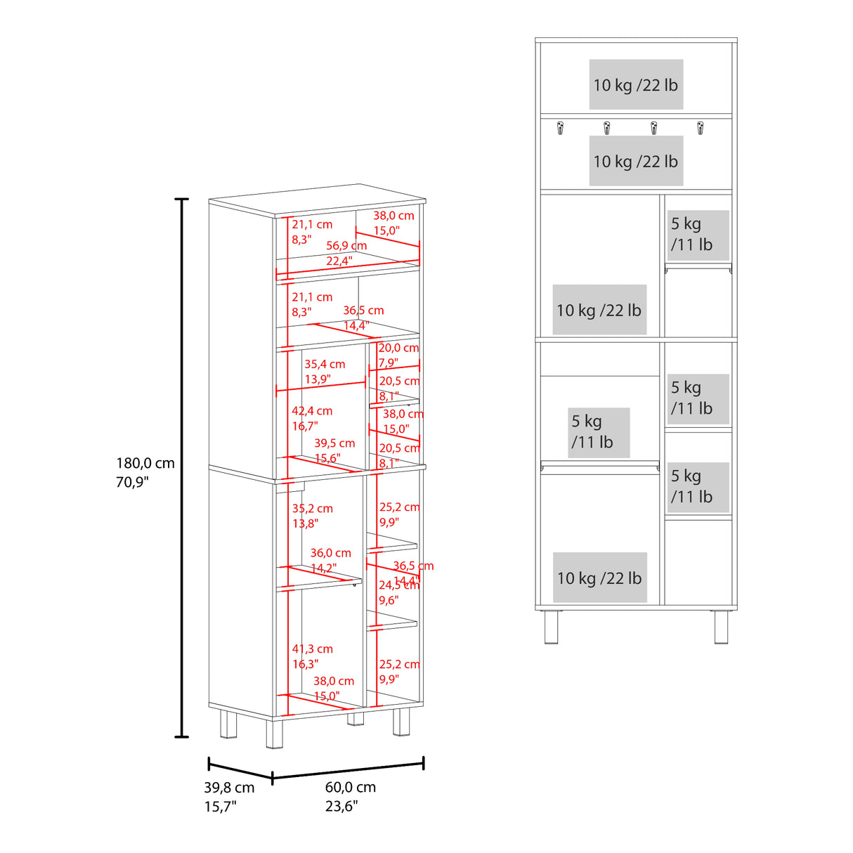 Mueble Auxiliar de Cocina Carajillo Blanco y Nogal 60x180cm con Cinco Compartimientos y con Cinco Entrepaños - BARRAS Y MUEBLES AUXILIARES | Bylmo