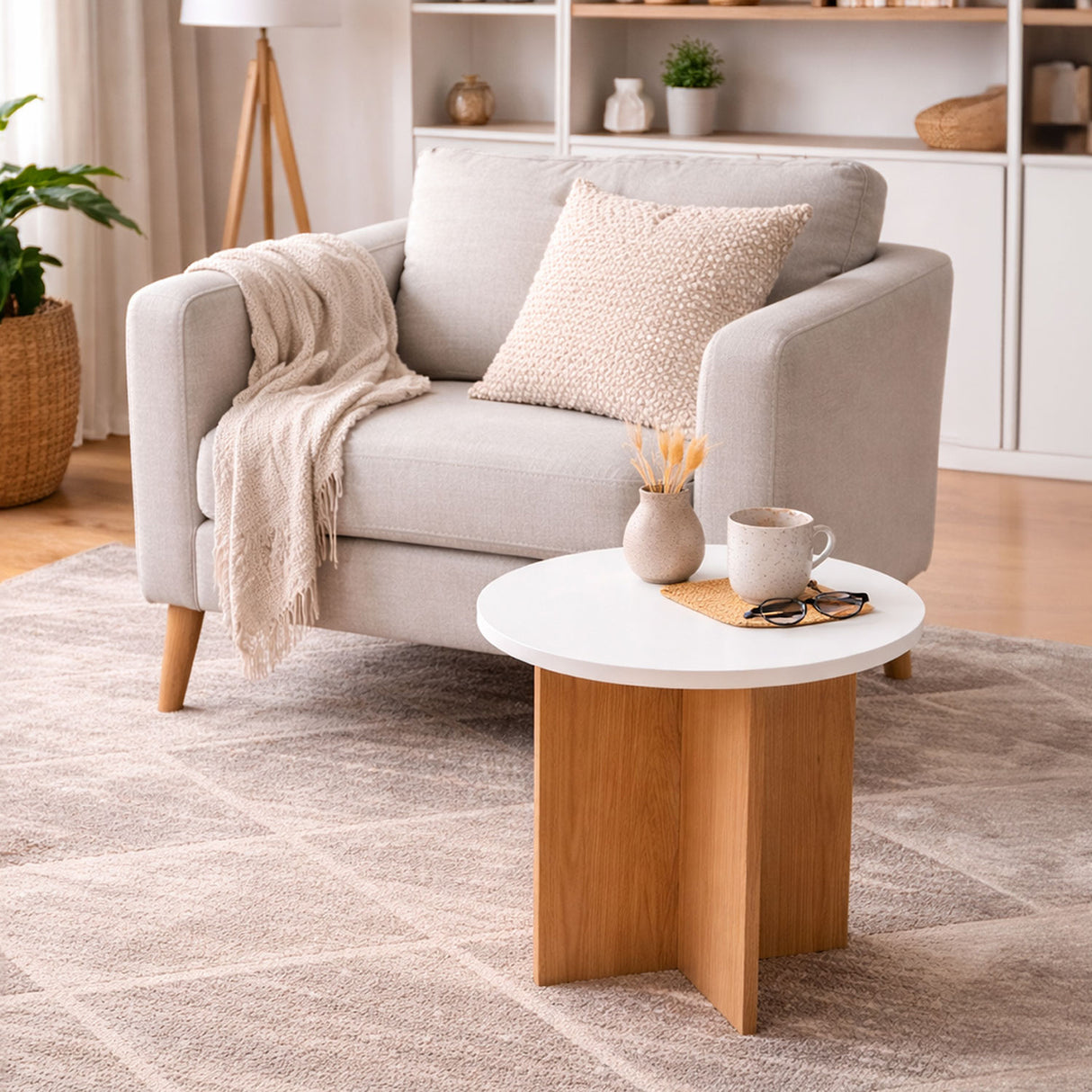 Mesa de Centro Lenon Madera Natural y Blanco 45x54cm Circular