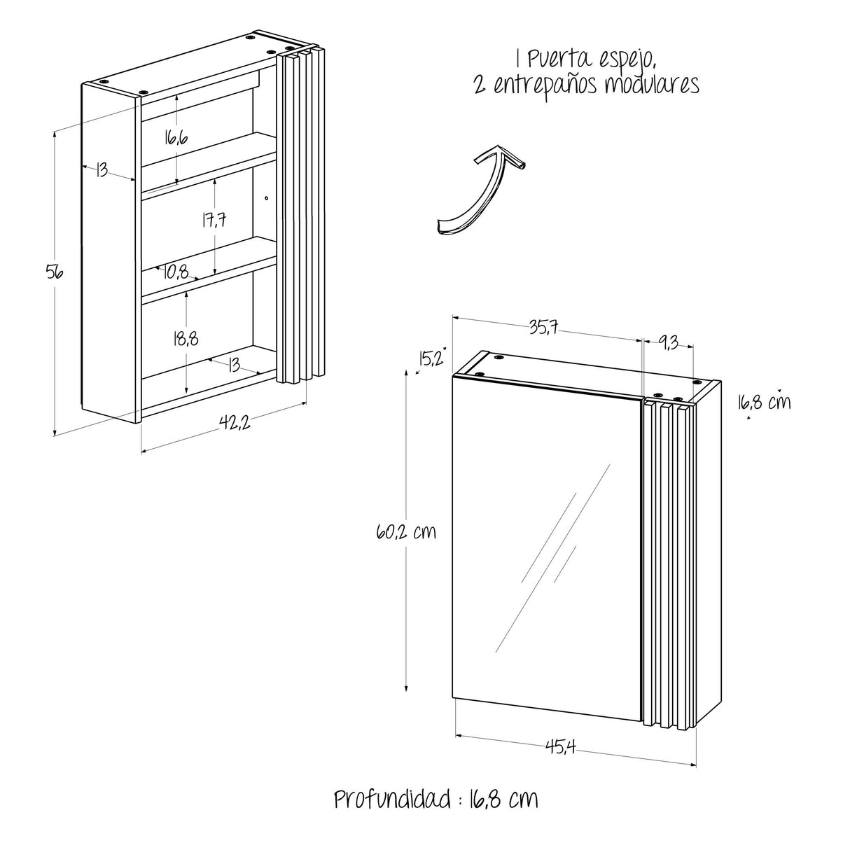 Gabinete con Espejo para Baño Nori Panela 45.4x60.2cm Rectangular con Una Puerta y Tres Entrepaños