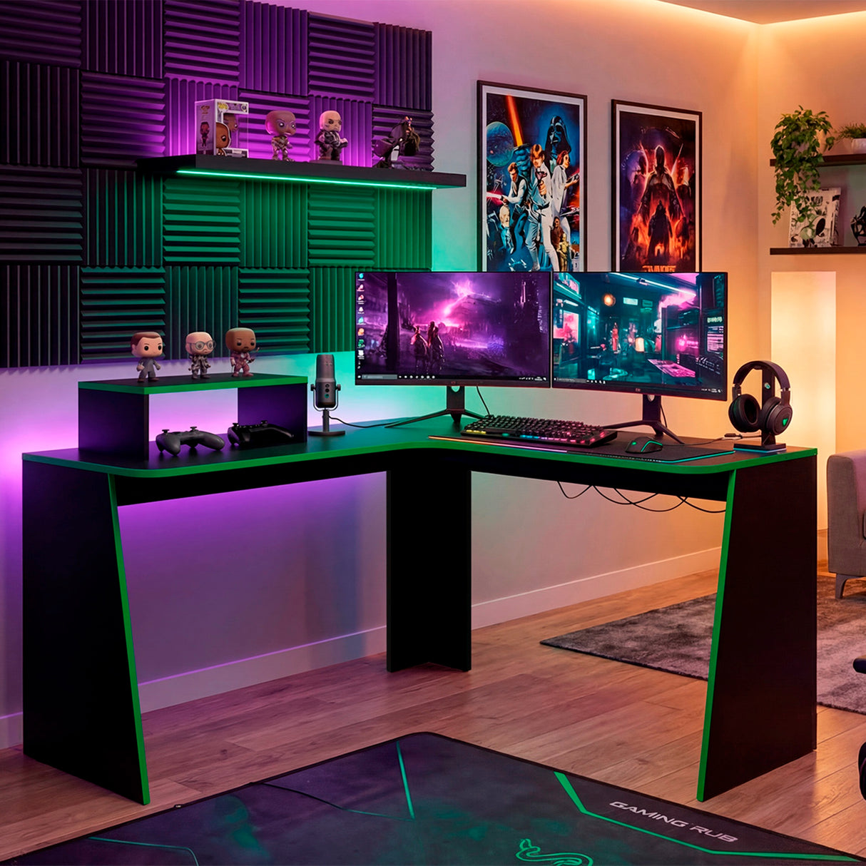 Escritorio en L Gamer Tokio Wengue y Verde 120x88.5cm Moderno