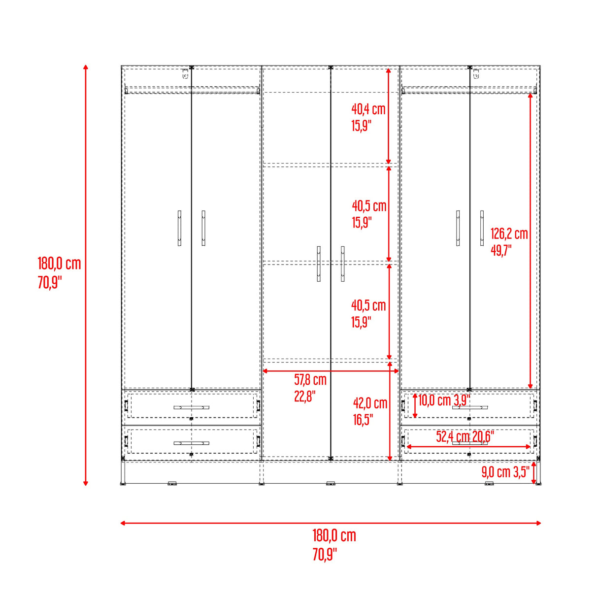 Closet Petunia Fresno Europeo y Blanco 180x180cm con Seis Puertas y con Cuatro Cajones