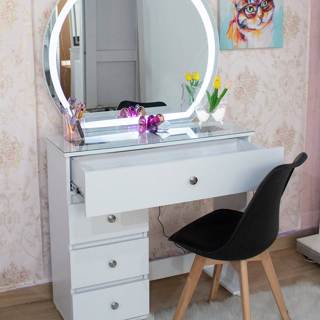 Tocador Jazmín Blanco 32x172cm de Un Puesto con Cuatro Cajones con Espejo y con Iluminación