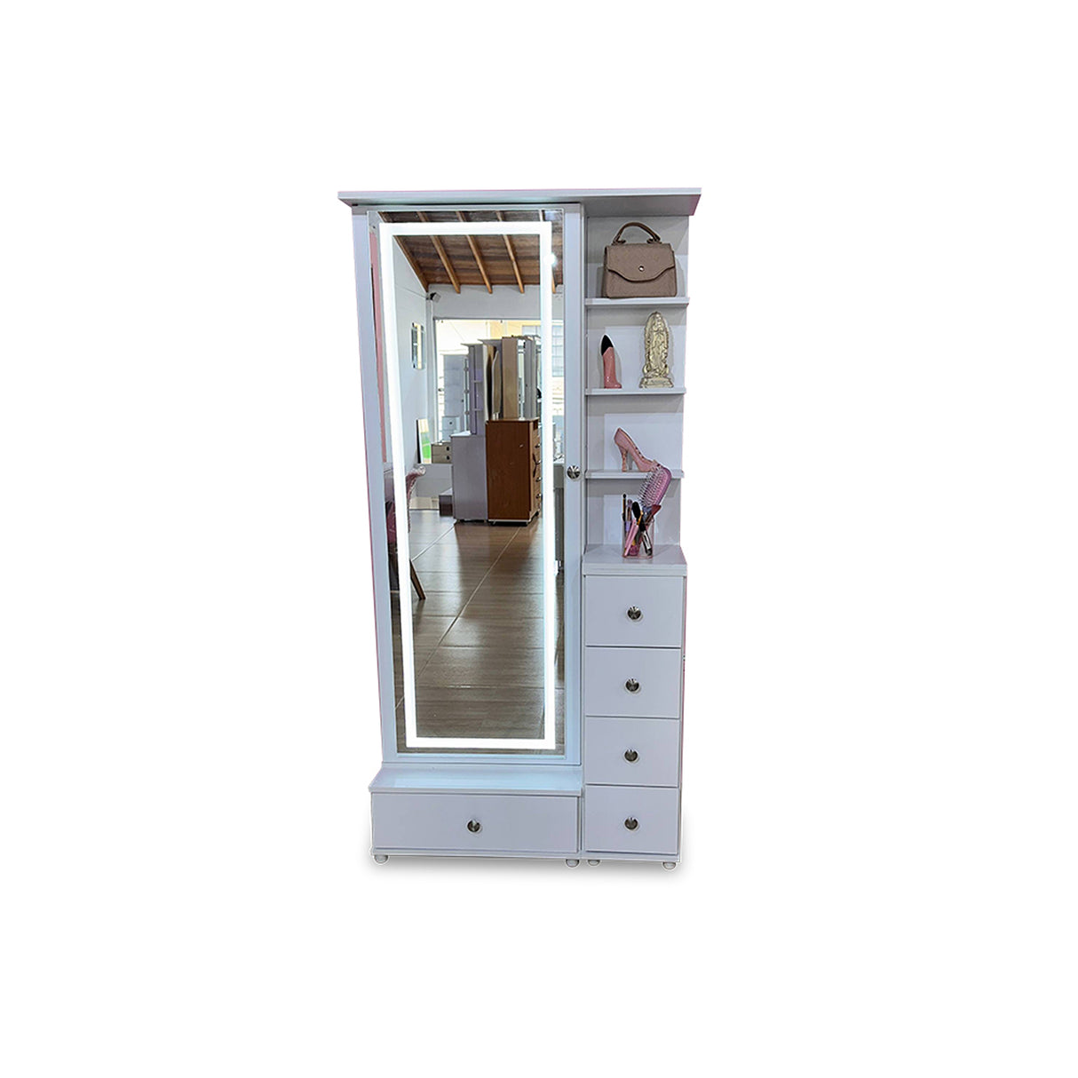 Tocador Vanity Blanco 32x180cm de Un Puesto con Seis Cajones con Espejo y con Iluminación