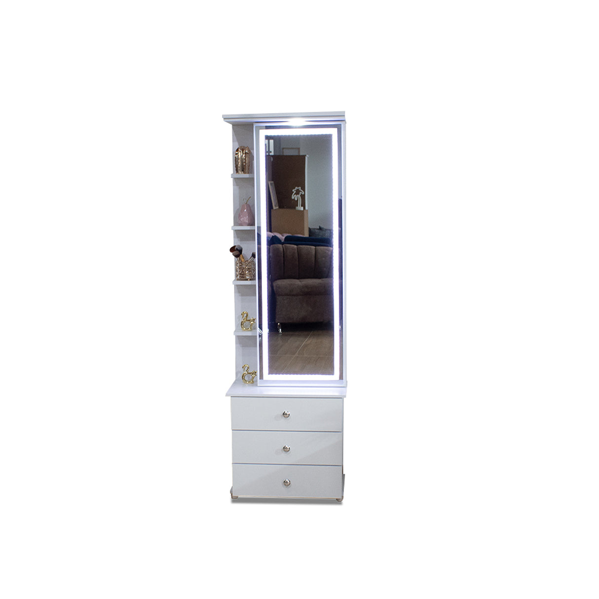 Tocador Blanco 55x180cm de Un Puesto con Cuatro Cajones con Espejo y con Iluminación
