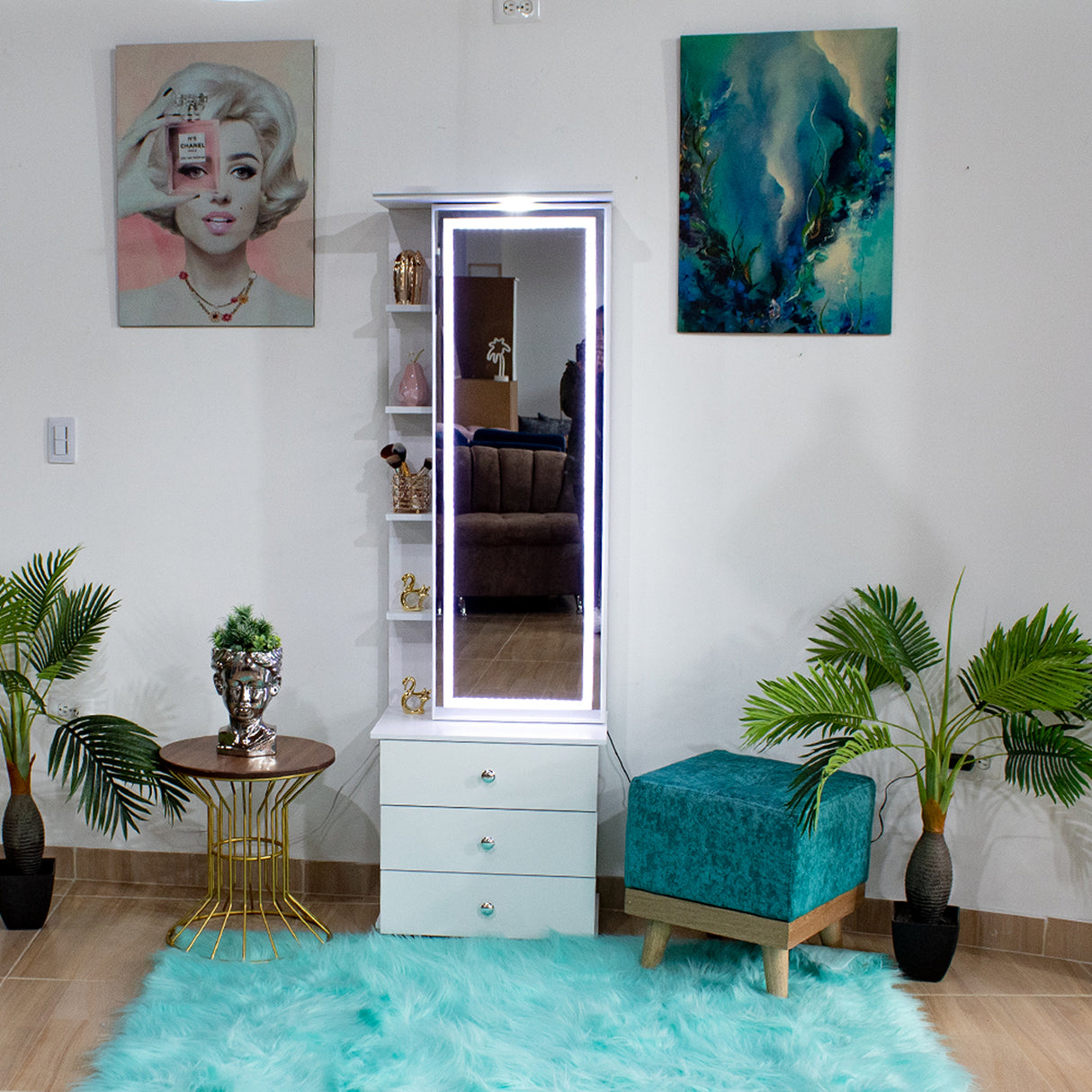 Tocador Blanco 55x180cm de Un Puesto con Cuatro Cajones con Espejo y con Iluminación