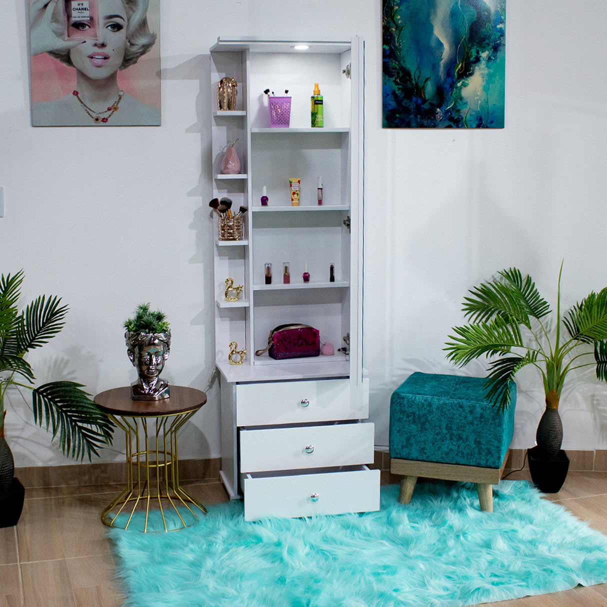 Tocador Blanco 55x180cm de Un Puesto con Cuatro Cajones con Espejo y con Iluminación