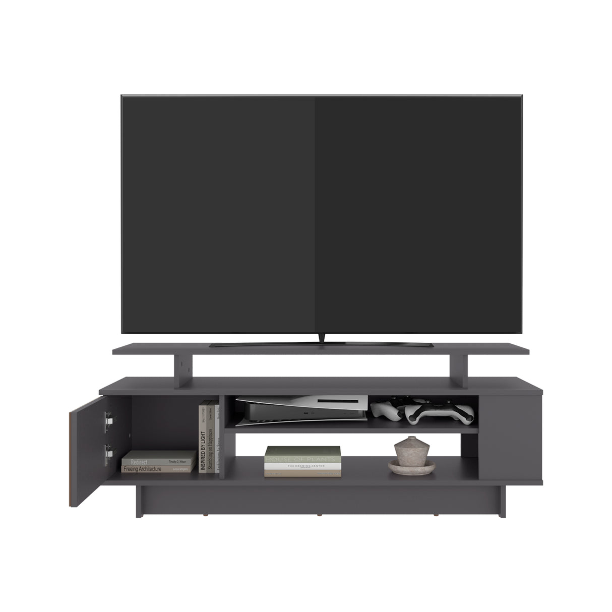 Rack de TV Bowie Plomo y Ocaso 130.2x46.1cm Para TV Hasta 55 Pulgadas con Tres Compartimientos y con Ranura para Cables