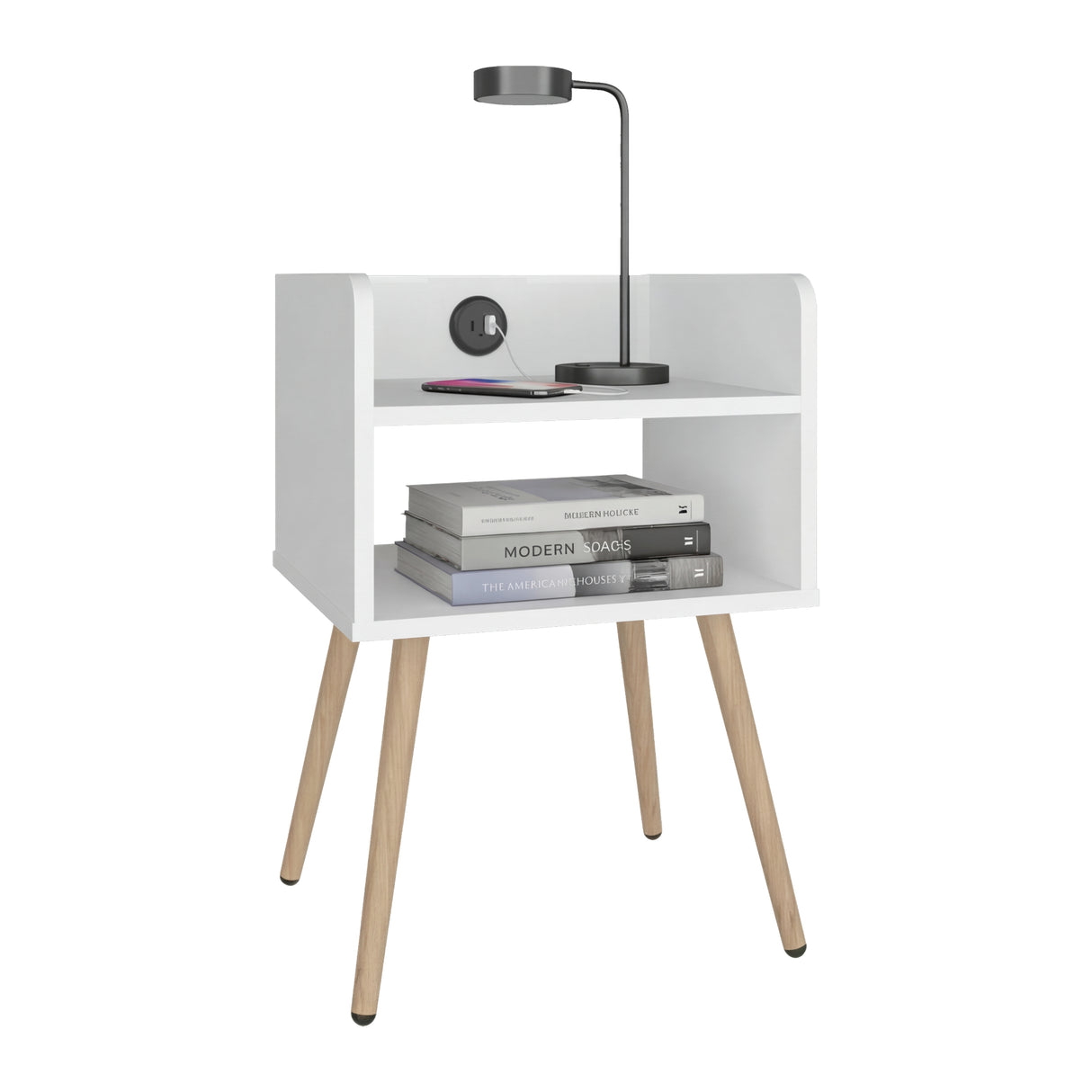Mesa de Noche Didi Blanco 40x58cm con Un Compartimiento y con Conector de Carga USB