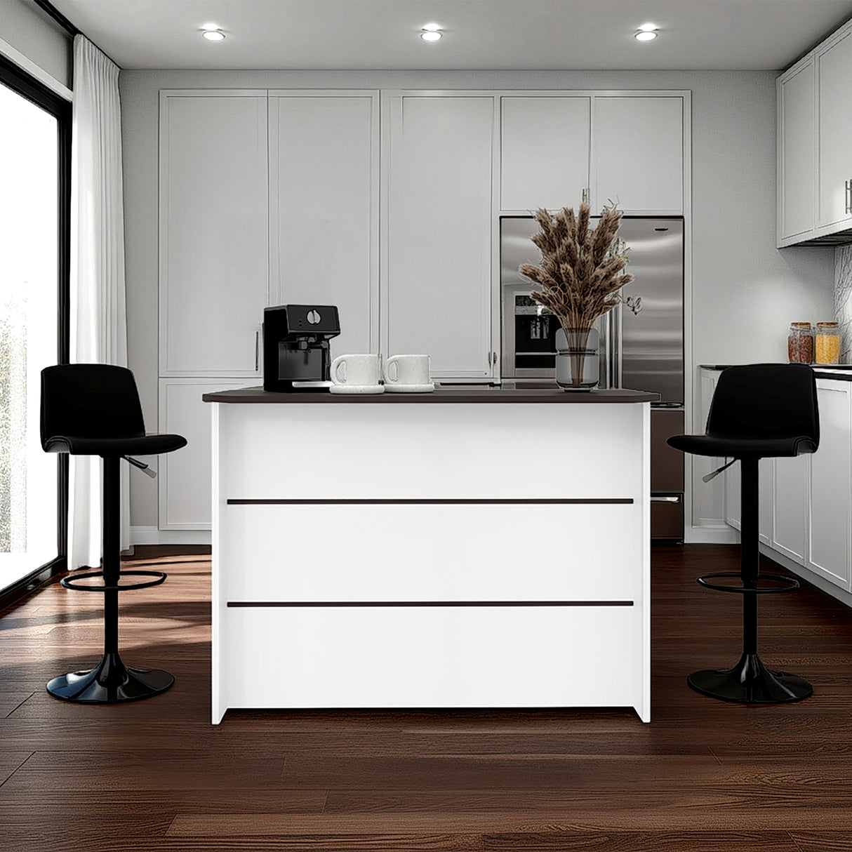 Isla de Cocina Fendi Blanco y Wengue 120x90cm con Dos Compartimientos y Dos Entrepaños