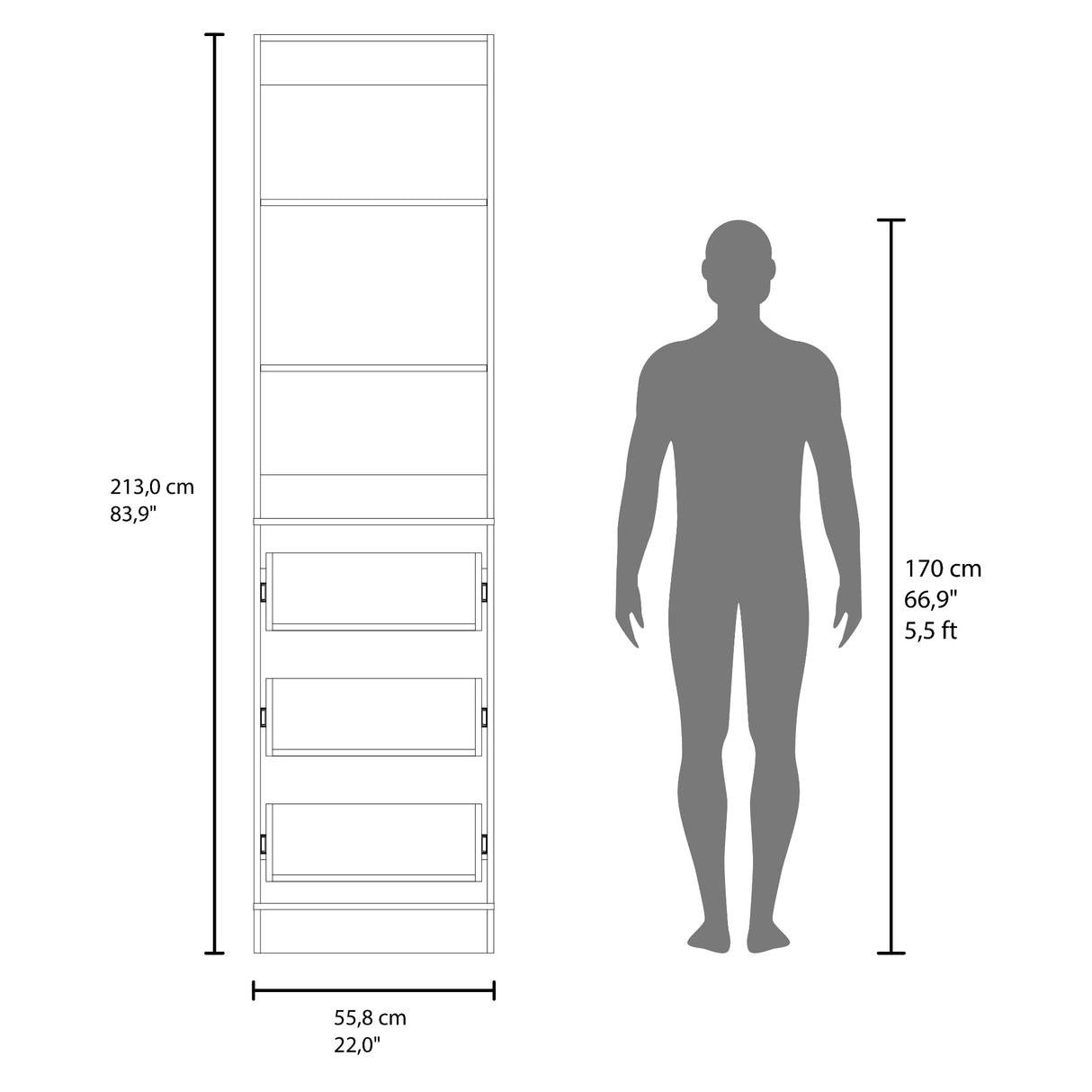 Closet Independiente Blanco 55.8x213.4cm con Tres Cajones y Tres Compartimientos