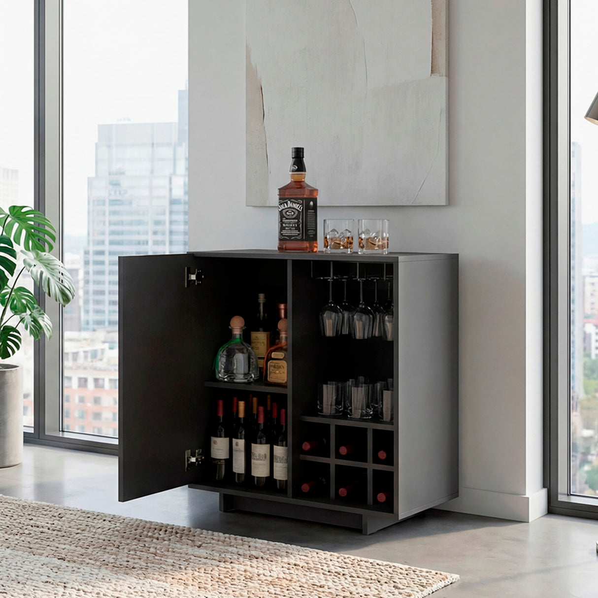 Bar Bowie Plomo 70x78.6cm con Siete Compartimientos y con Seis Portabotellas