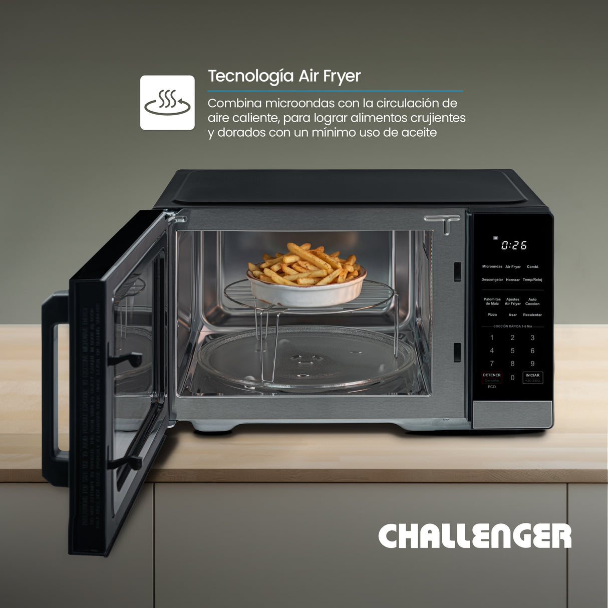 Horno Microondas Challenger Negro 49.5x29cm de 28 Litros con Función Airfryer