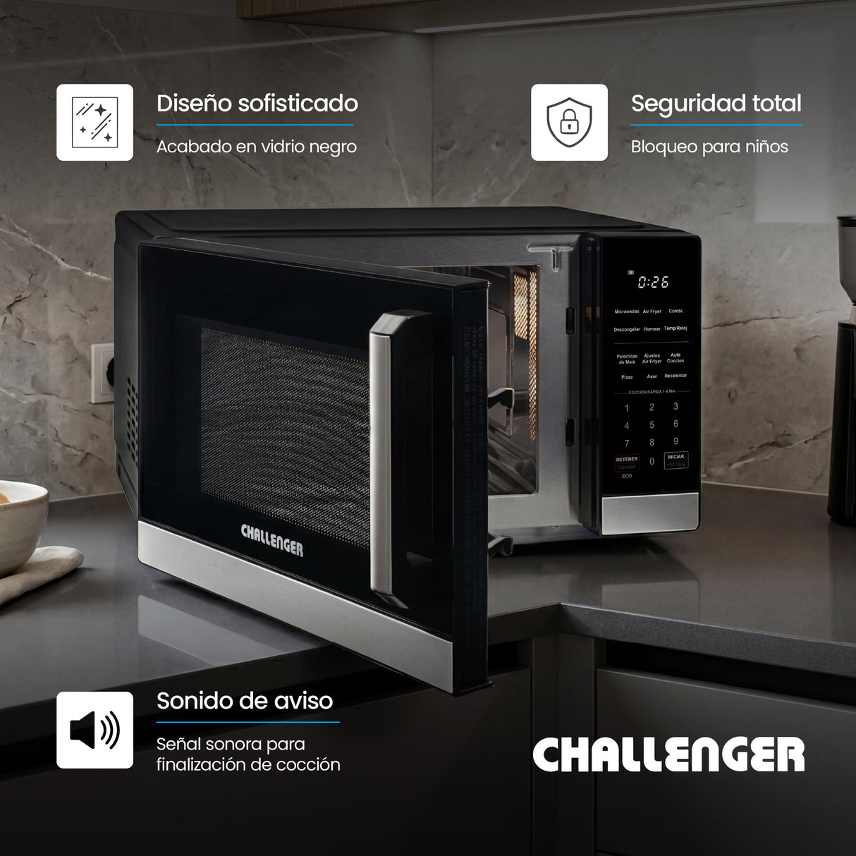 Horno Microondas Challenger Negro 49.5x29cm de 28 Litros con Función Airfryer