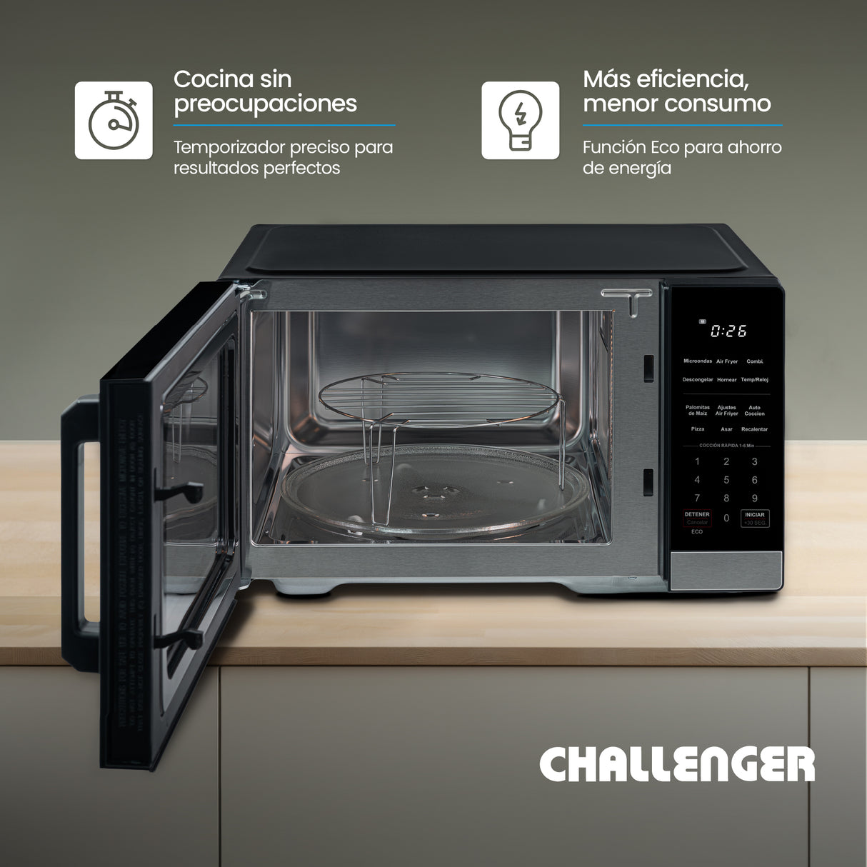 Horno Microondas Challenger Negro 49.5x29cm de 28 Litros con Función Airfryer