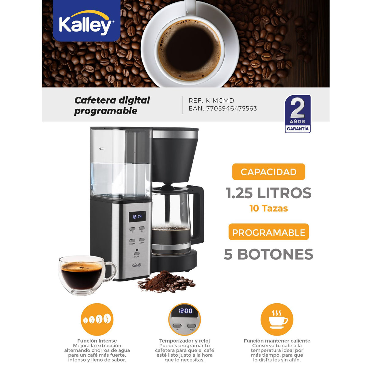 Cafetera Digital Kalley Negro 32.5x35.8cm para Diez Tazas con Sistema Antigoteo
