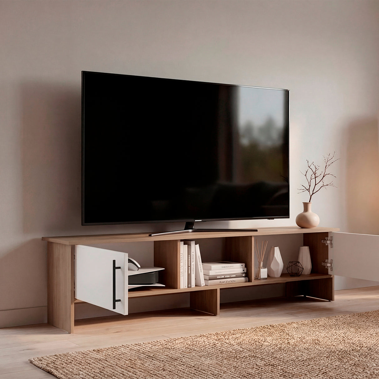 Rack de TV Dago Fresno Europeo y Blanco 160x41.8cm para TV Hasta 65" Pulgadas con Un Compartimiento
