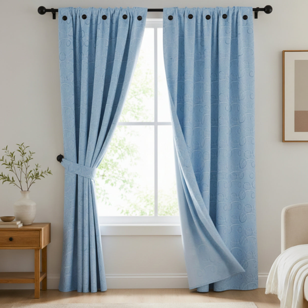 Cortina Jacquard Tradicional Azul Celeste 270x215cm Doble Faz de Simbolos Geometricos