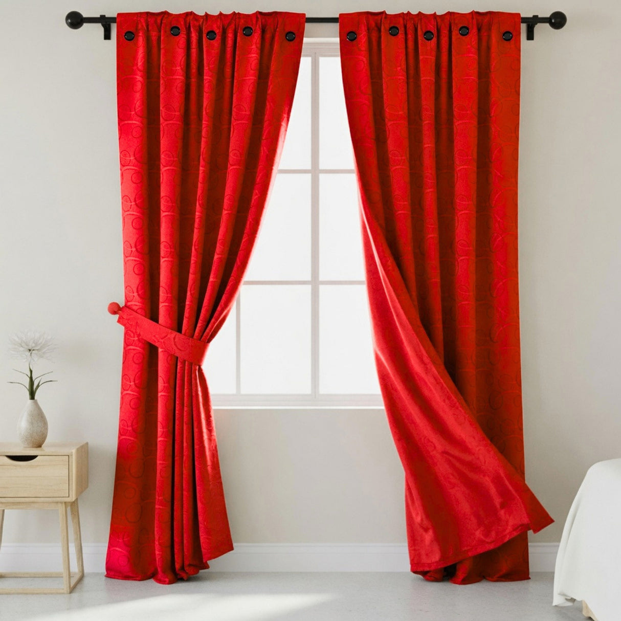 Cortina Jacquard Tradicional Rojo 270x215cm Doble Faz de Simbolos Geometricos