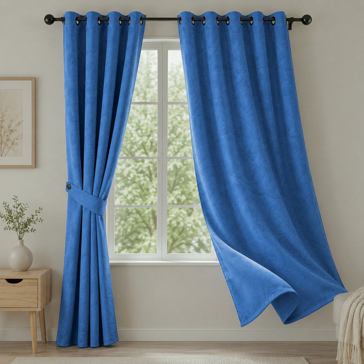 Cortina Jacquard Tradicional Azul Rey 270x215cm Doble Faz de Simbolos Geometricos