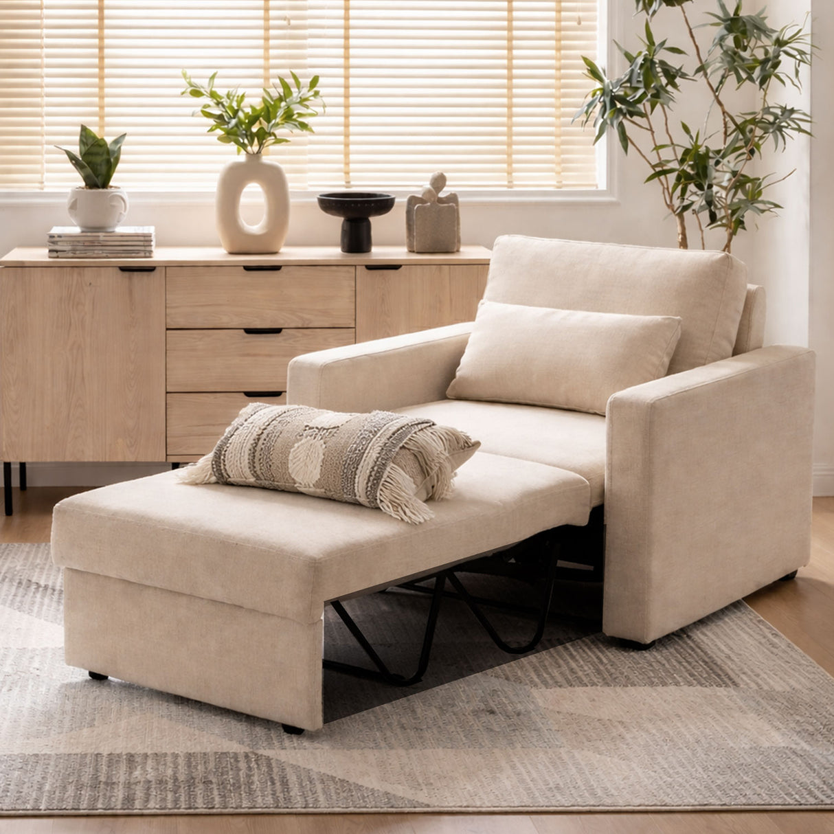 Sala Beige y Amaretto 76x90cm con Una Poltrona Reclinable Un Puff y Una Mesa de Centro