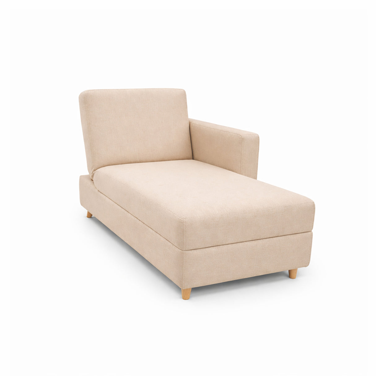 Sala Beige y Blanco 145x45cm con Un Sofá Cama Baúl Un Puff y Una Mesa de Centro