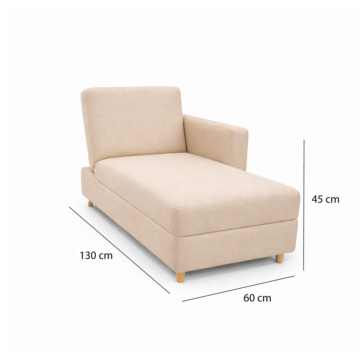 Sala Beige y Blanco 145x45cm con Un Sofá Cama Baúl Un Puff y Una Mesa de Centro