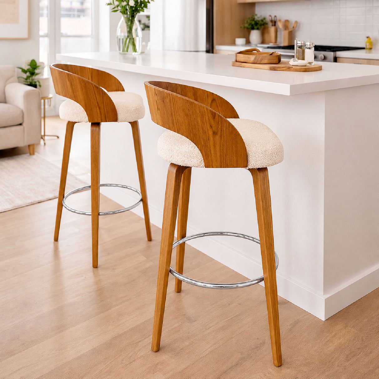 Set X 2 Sillas Bar Odet Beige 44x95cm Circular Con Espaldar Sin Apoya Brazos