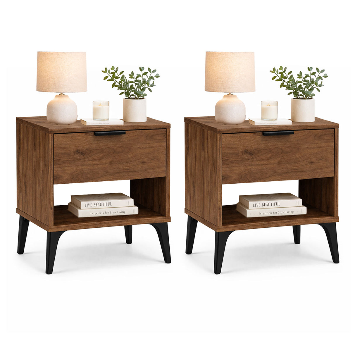 Set X2 Mesas de Noche Bony Madera Oscura 40x50cm con Dos Compartimientos y Una Puerta