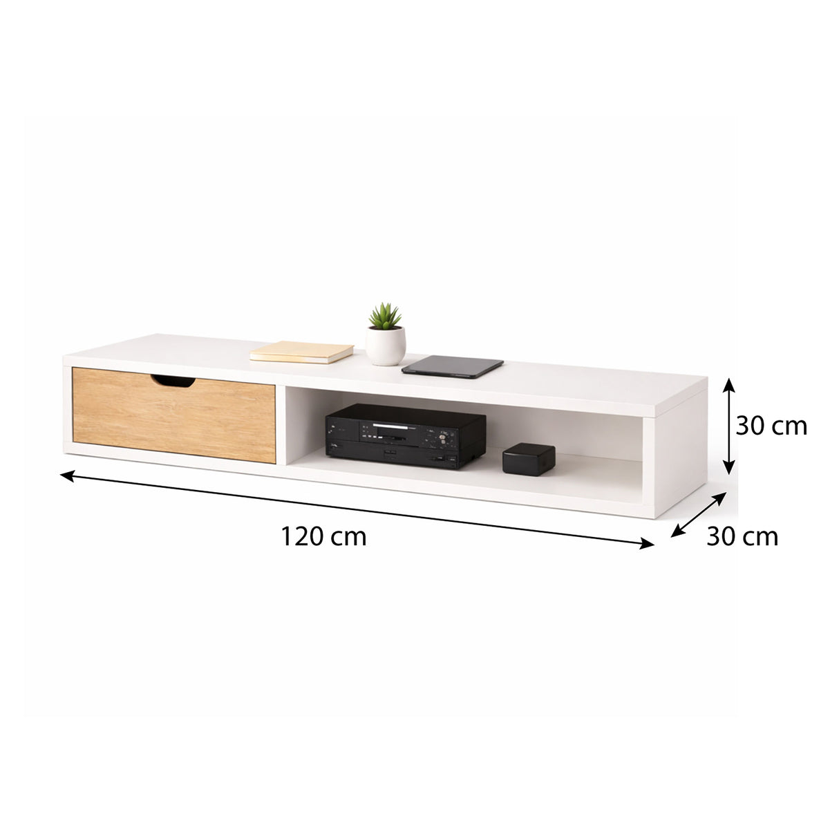 Repisa para TV Tolouse Blanco y Madera Clara 120x30cm Flotante para TV Hasta 55" Pulgadas con Dos Compartimientos