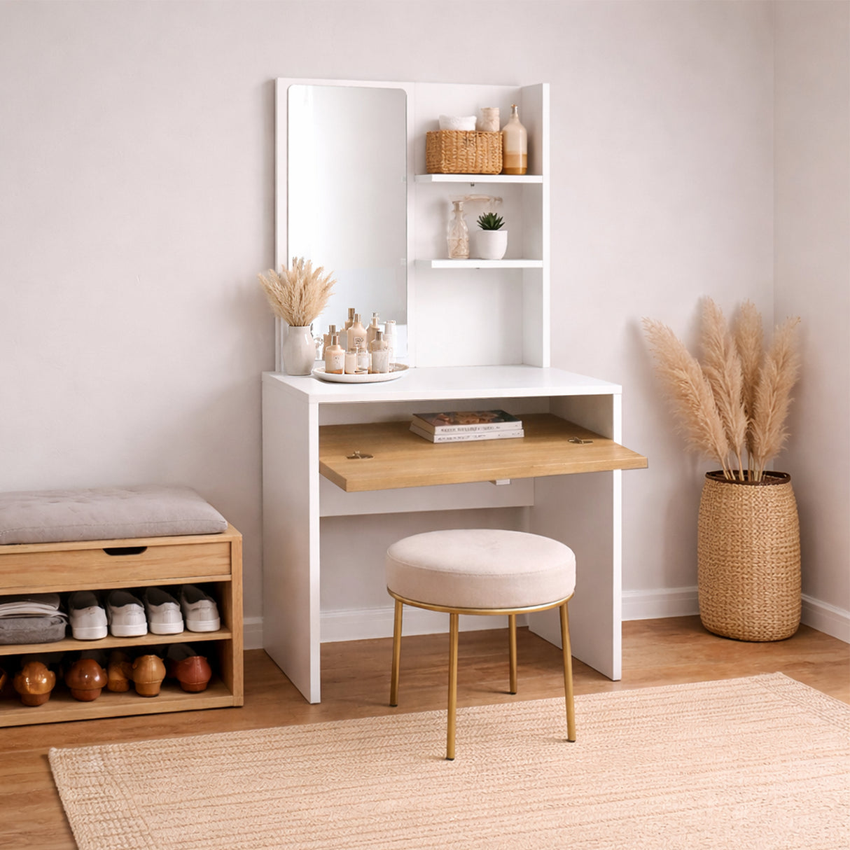 Combo Tocador Touluse Blanco y Madera Clara 140x40cm con Espejo y con Una Silla Blanca