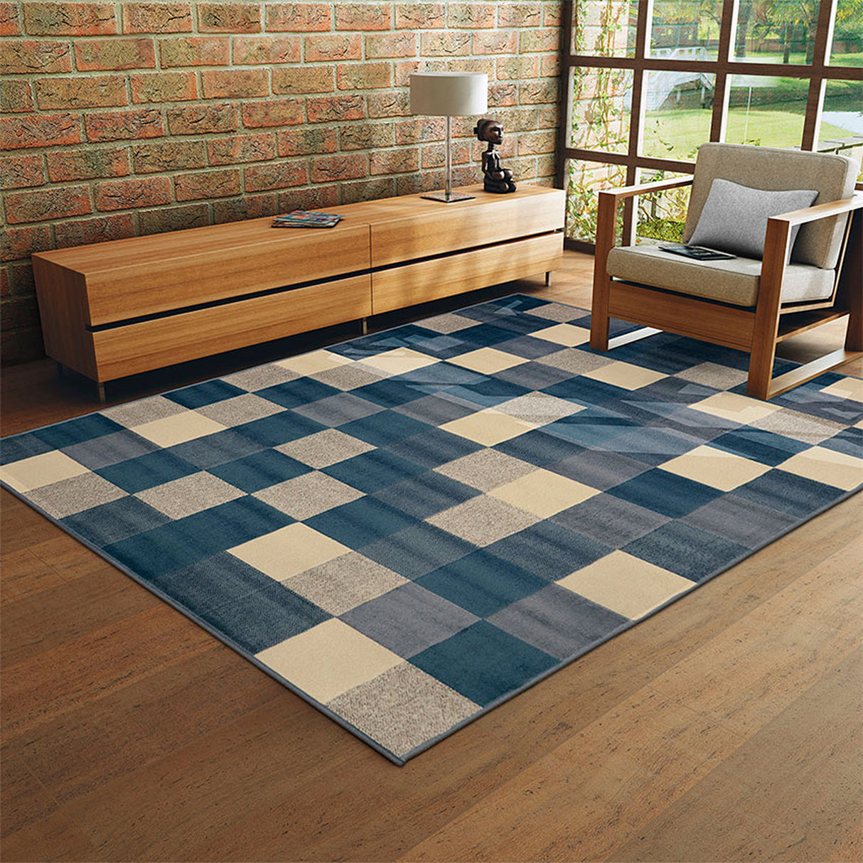 Alfombra Florida Azul Oscuro y Beige 200x150cm Rectangular Suave para Sala De Estar de Cuadros Y Rectangulos