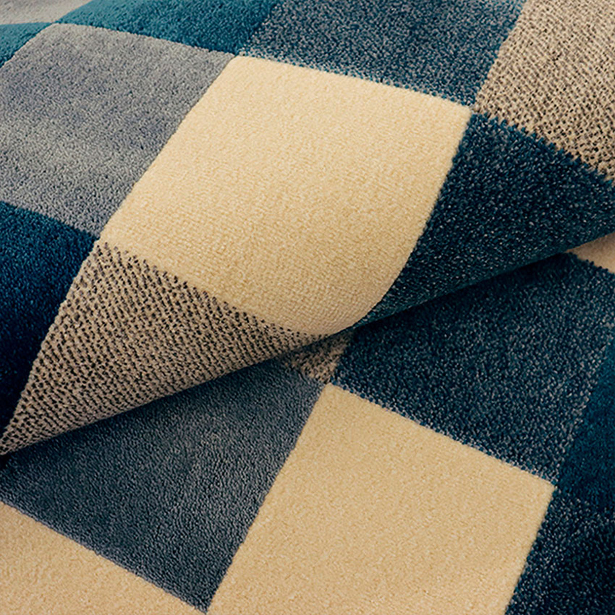 Alfombra Florida Azul Oscuro y Beige 200x150cm Rectangular Suave para Sala De Estar de Cuadros Y Rectangulos