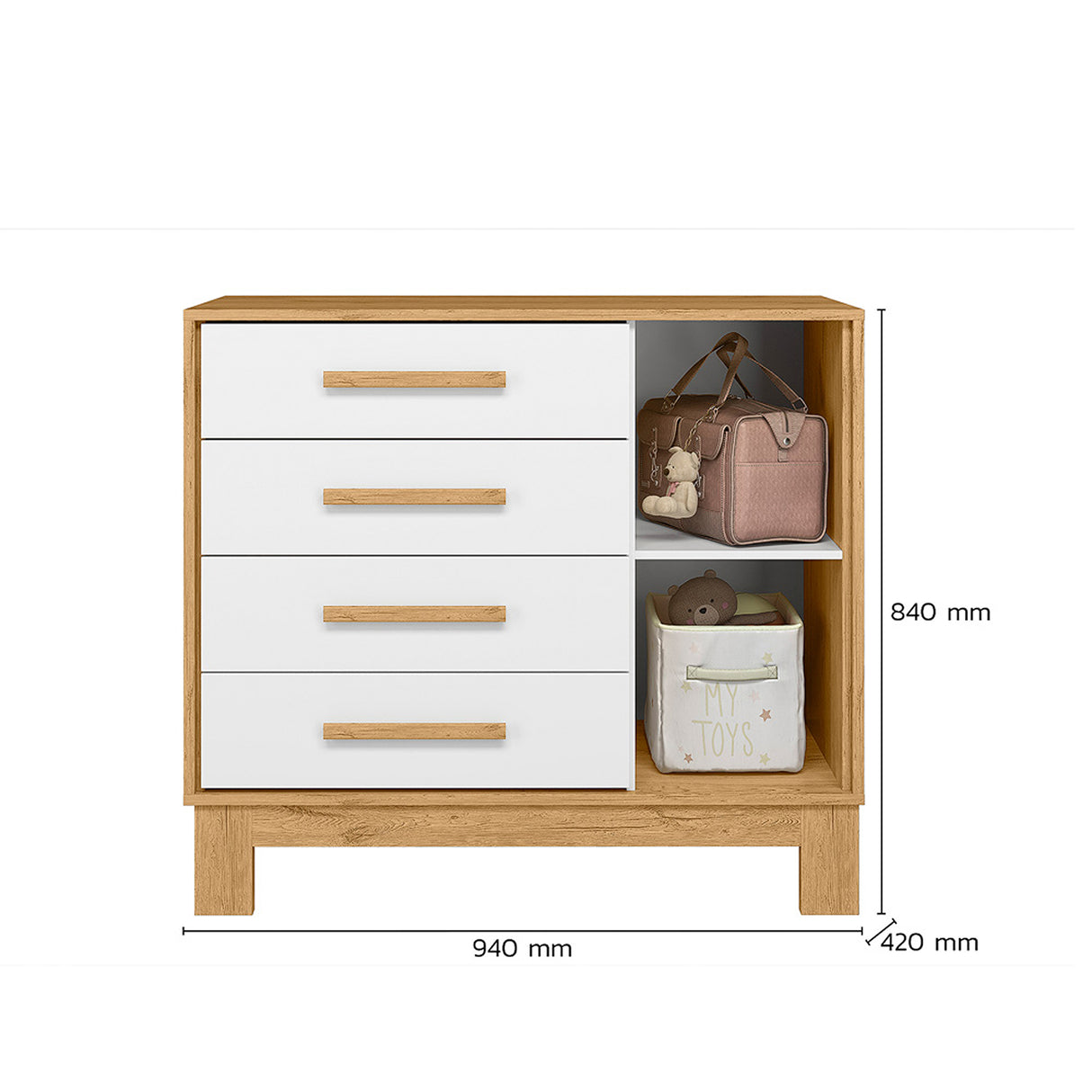 Cómoda Slim Almendra y Blanco 94x84cm de Cuatro Hileras con Cuatro Cajones