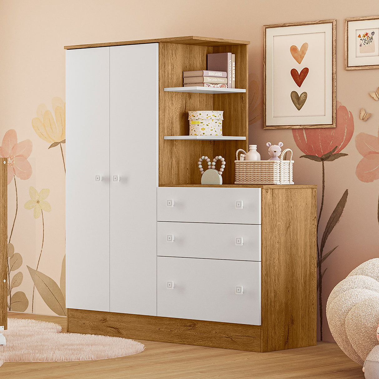 Cómoda con Closet Madrid Blanco y Almendra 120.6x141.8cm de Tres Hileras con Tres Cajones