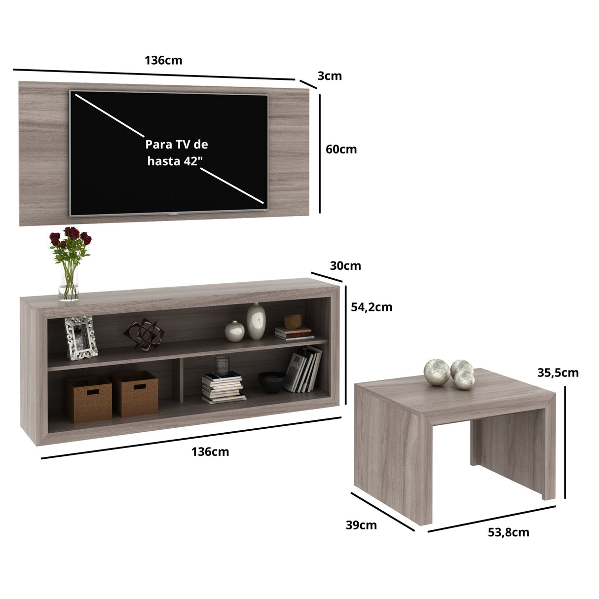 Combo Panel de TV Living Gris 136x60cm para TV Hasta 42" Pulgadas con Tres Compartimientos