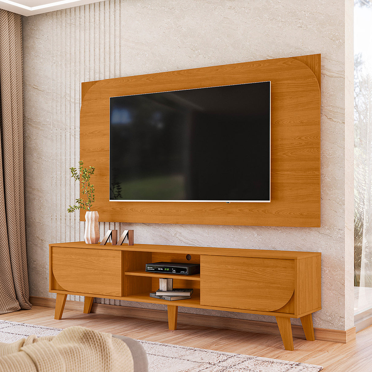 Combo Mueble y Panel de TV Juna Canela 182x98.5cm para TV Hasta 65" Pulgadas con Dos Compartimientos y con Dos Cajones